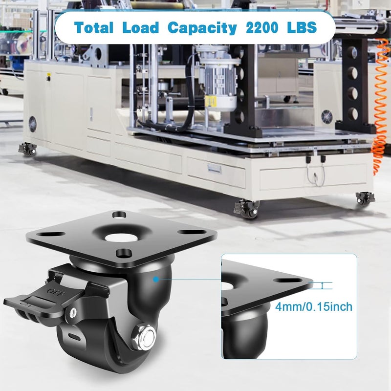 Nefish 2-Inch Heavy Duty Casters Set of 4, Industrial Grade Castors Wheels 2200 LBS, Low Gravity Plate Swivel Caster with Brake, Durable & Corrosion-Resistant Nylon Wheels for Industrial, Equipment - Image 4
